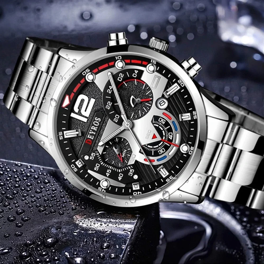 New Silver Chronograph Mens Sport Quartz Waterproof Luxury Stainless Steel Watch - Picture 3 of 13